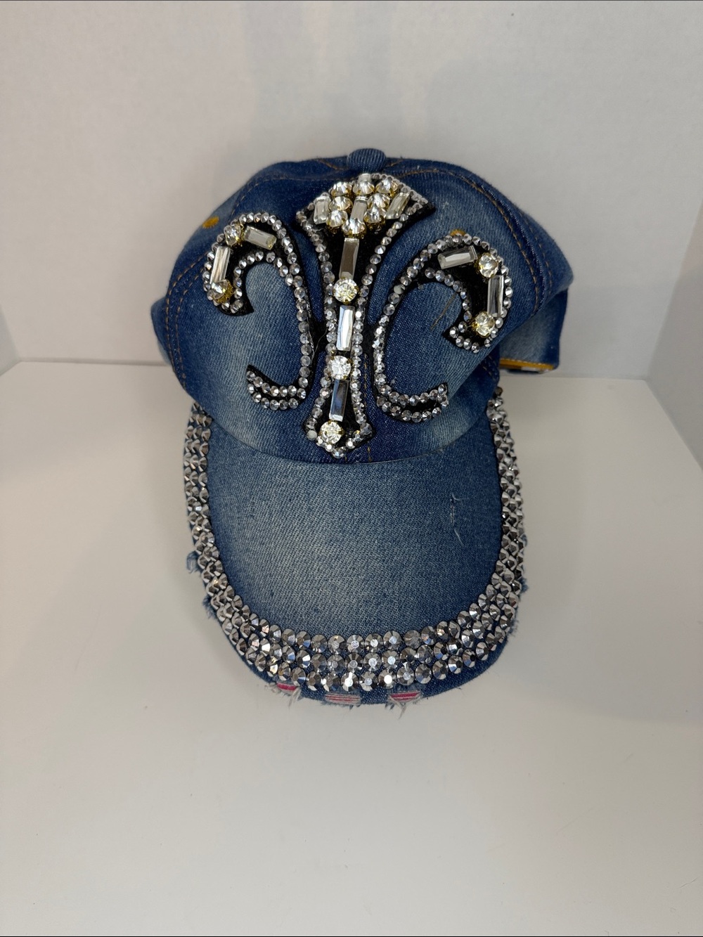 Embellished Denim Crystal Baseball Cap - Blue